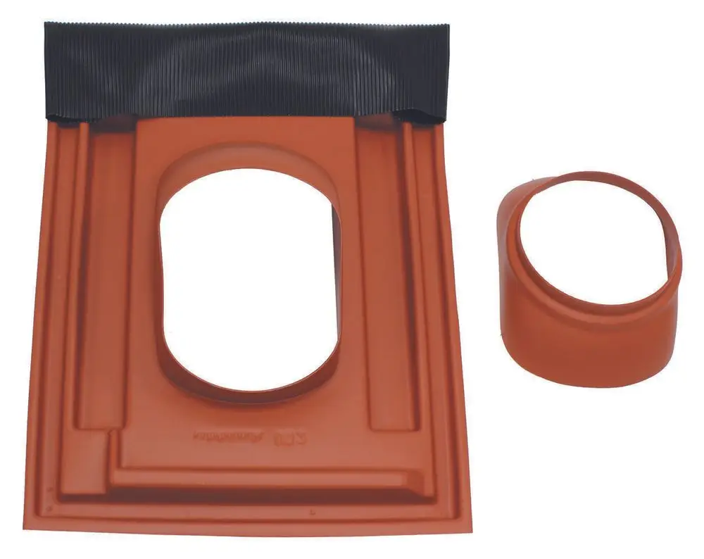 Rotes Universal-Dachpfannen-Set für Abgassysteme, bestehend aus einer Hauptpfanne und einem zusätzlichen Ring, geeignet für VAillant Produkte.